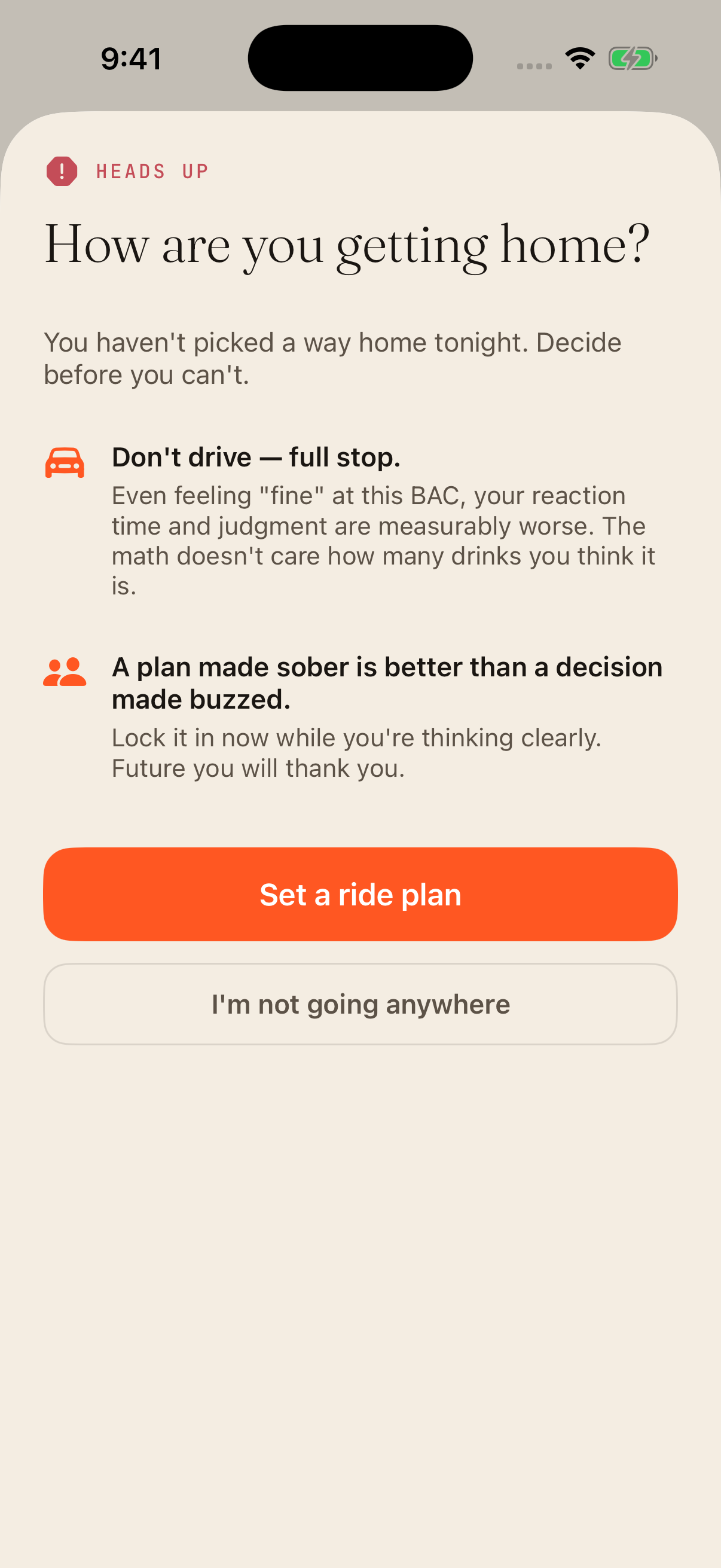 Drive warning modal: how are you getting home? Set a ride plan or dismiss.