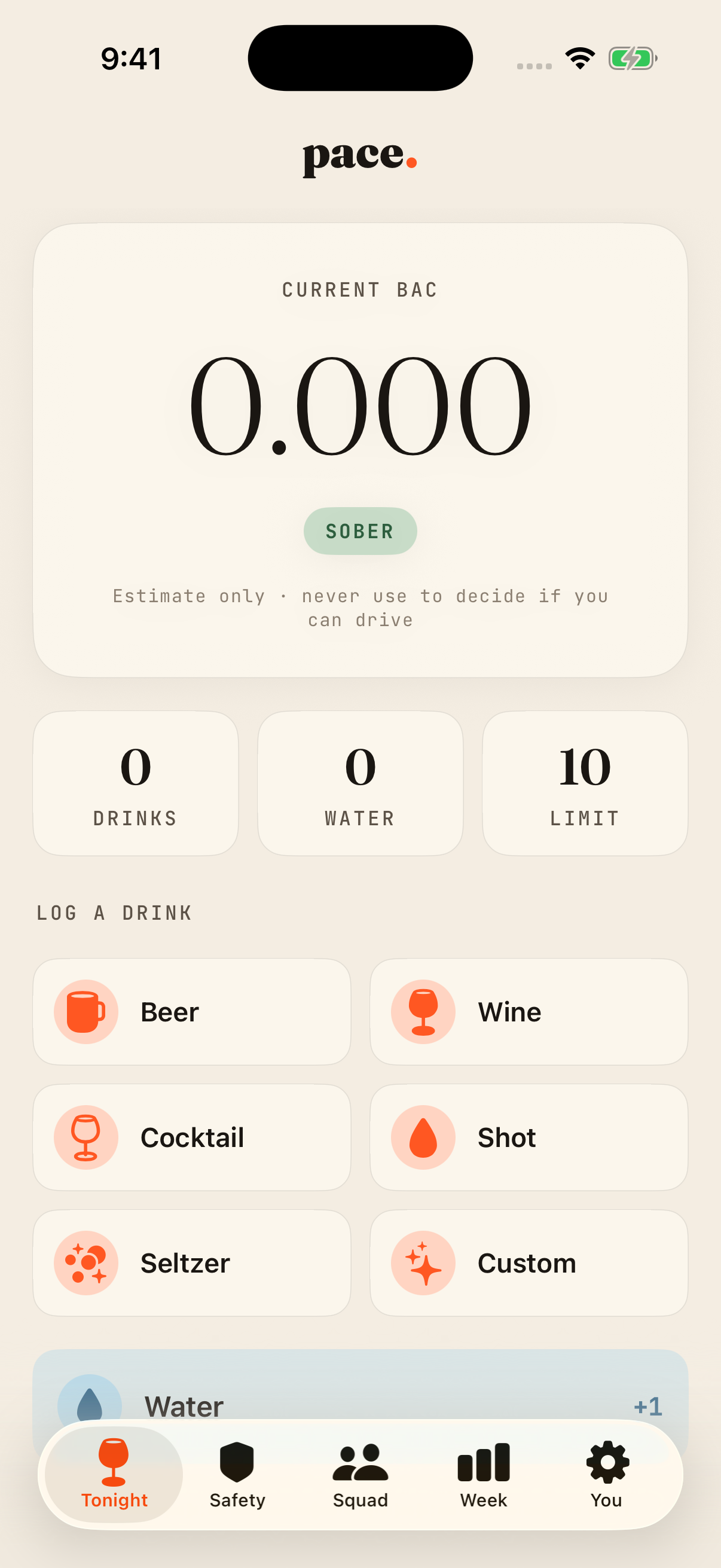 Pace Tonight tab on iPhone — current BAC 0.000, sober, drink grid for beer, wine, cocktail, shot, seltzer.