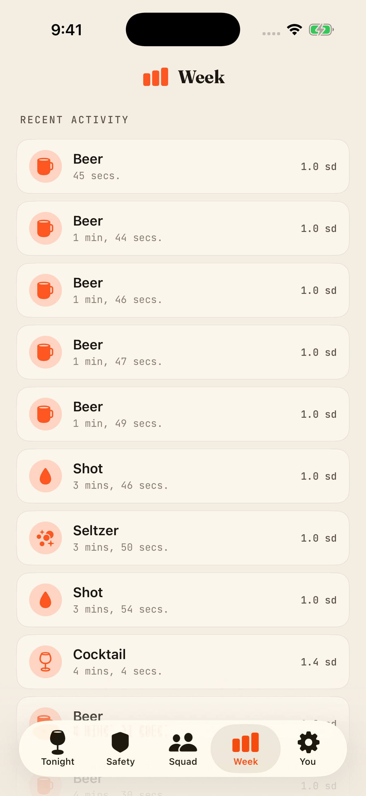Week tab showing recent activity list with beer, shot, seltzer, cocktail entries.